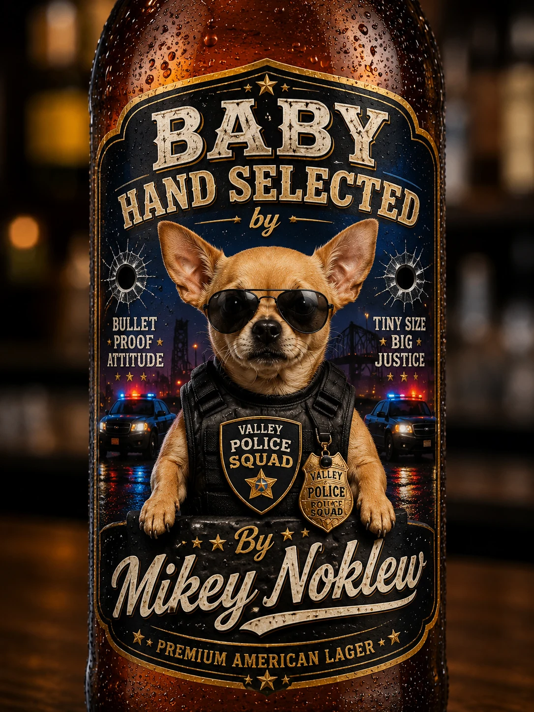 Baby Hand Selected fictional Valley Police Squad bottle artwork