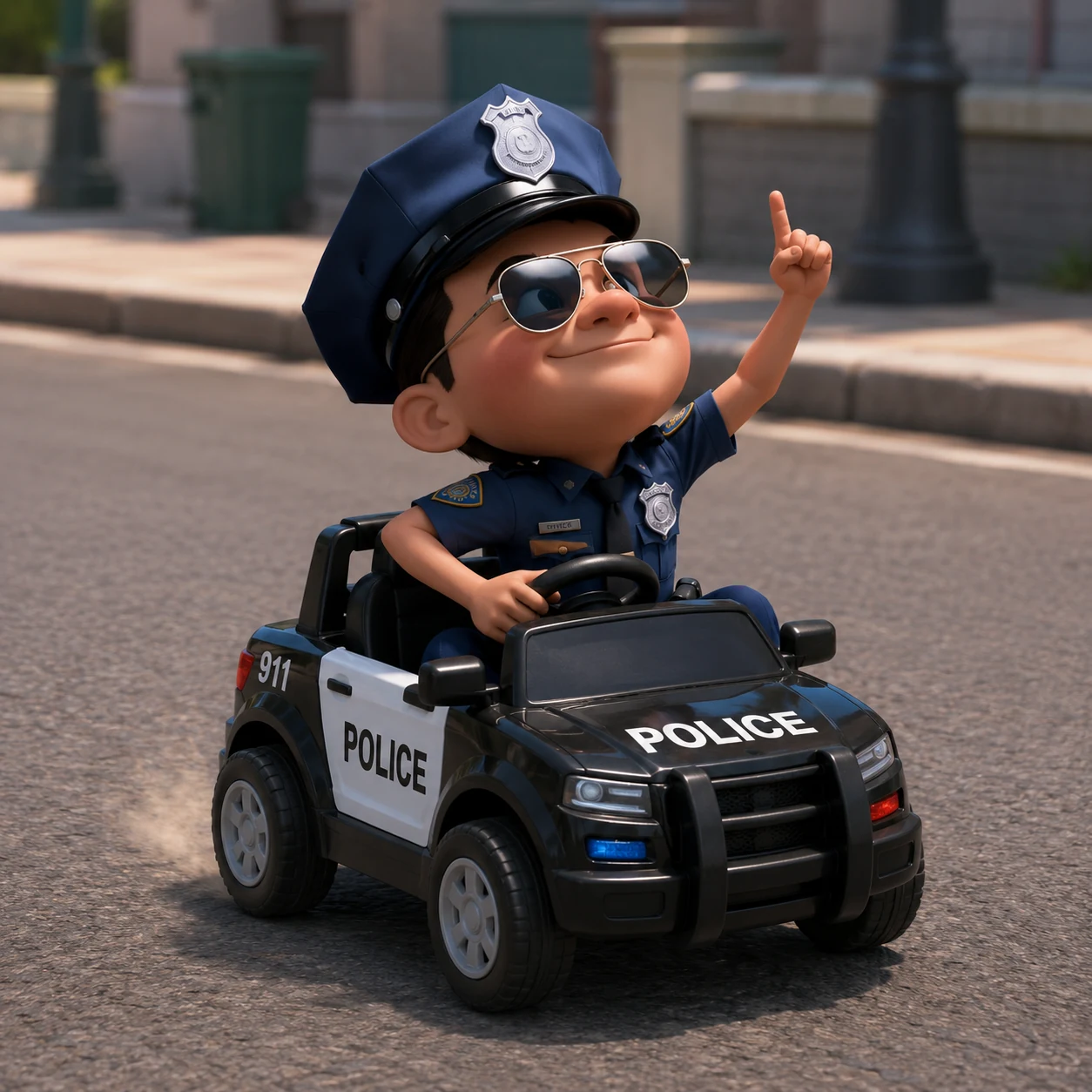 The Chief driving a tiny police cruiser
